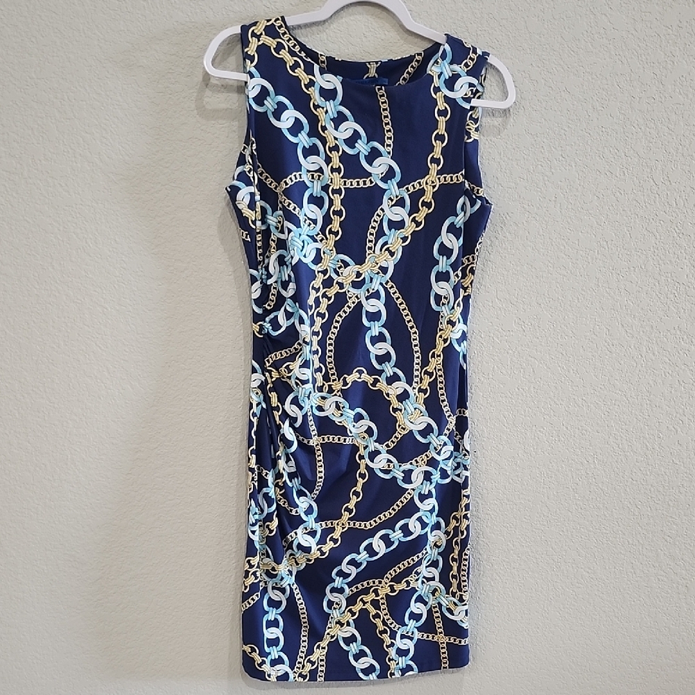 J. McLaughlin Sage Sleeveless Chain Print Midi Dress Navy Blue Gold Designer Lux - Picture 4 of 11